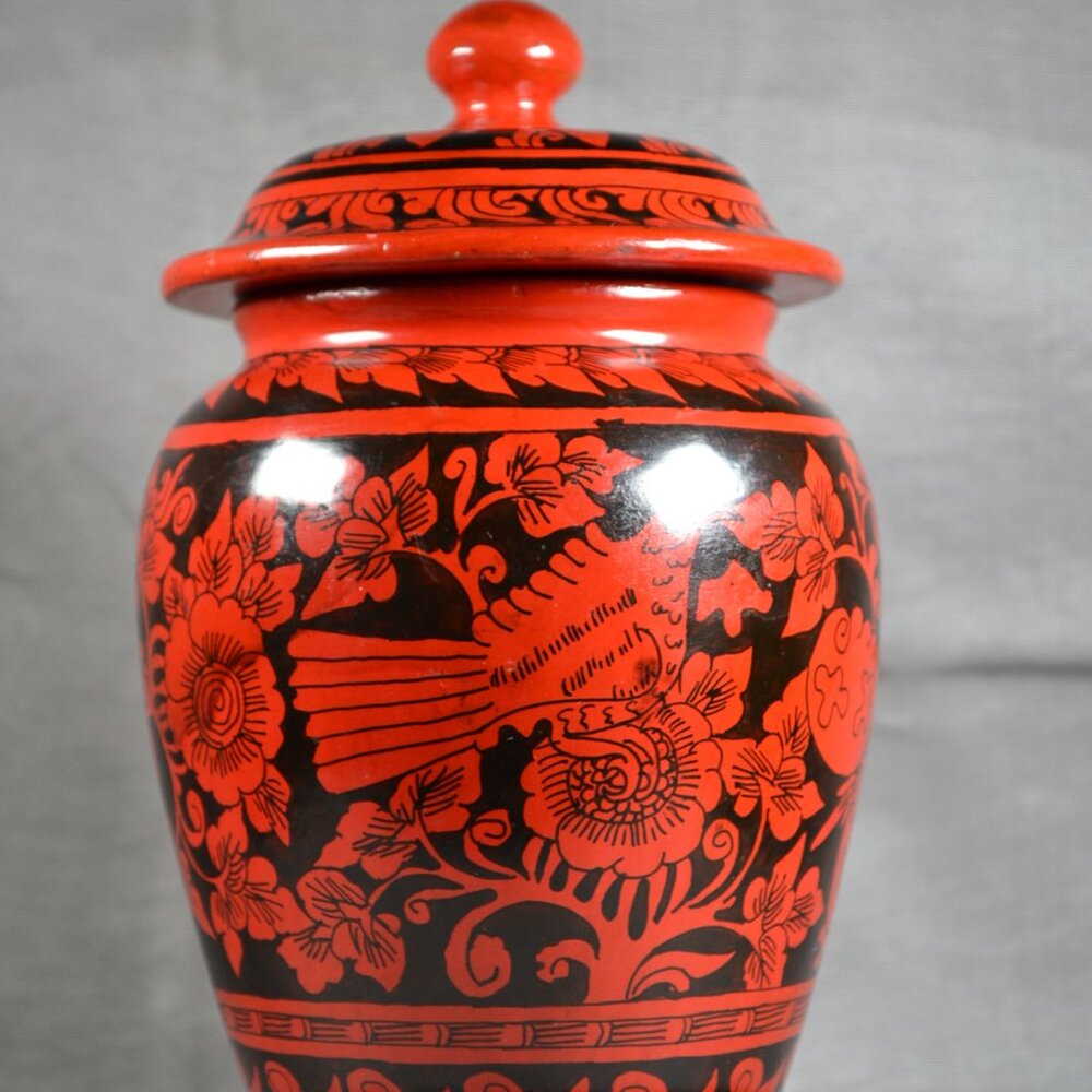 Wooden - Ginger Jar - Hand Painted - Red & Black - Flora and Fauna - 1970s.